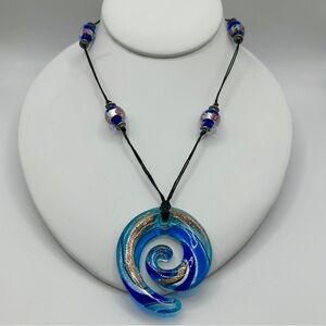 24” Hand Blown Glass Blue Swirl Pendant Necklace